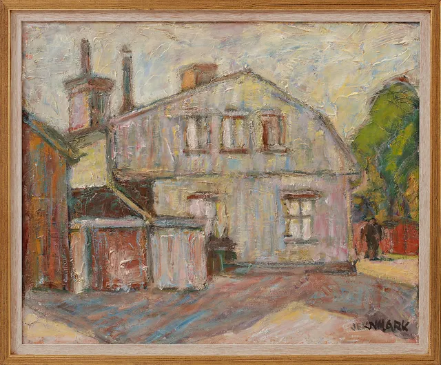 SIGGE JERNMARK. "Hus vid Banehagsgatan Majorna", olja på duk, signerad.