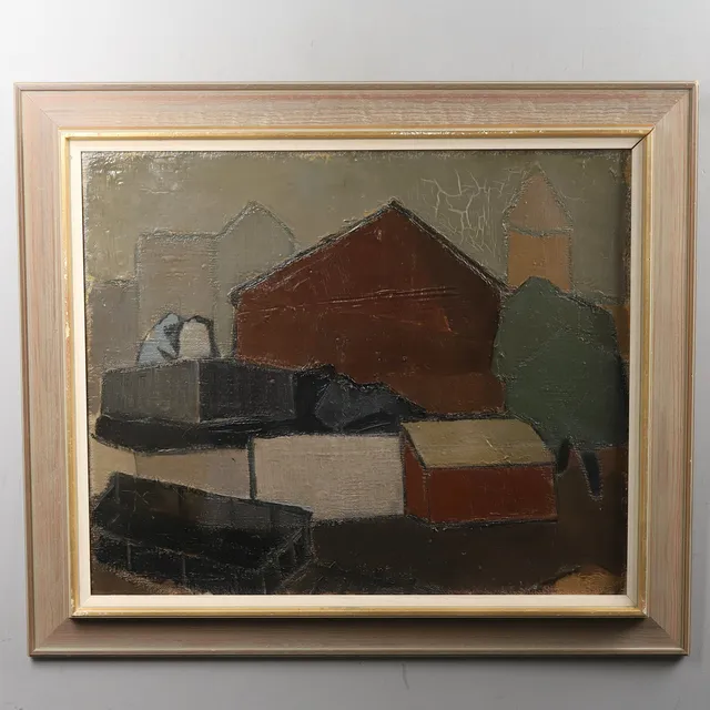 FRED ANDERSSON. Olja på duk, Kubistisk stil, "Bangård", signerad.