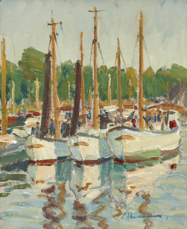 ELSE HERMANSSON (Wien 1900-1997 Stockholm). Vedskutor vid Standvägens slut, vy från Djurgårdsbron mot Nobelparken , signerad Else Hermansson, olja på duk.