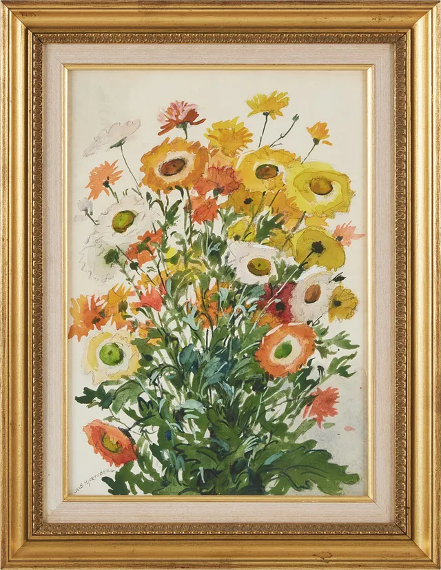 OLLE HJORTZBERG. Bukett ängsblommor, akvarell, signerad.