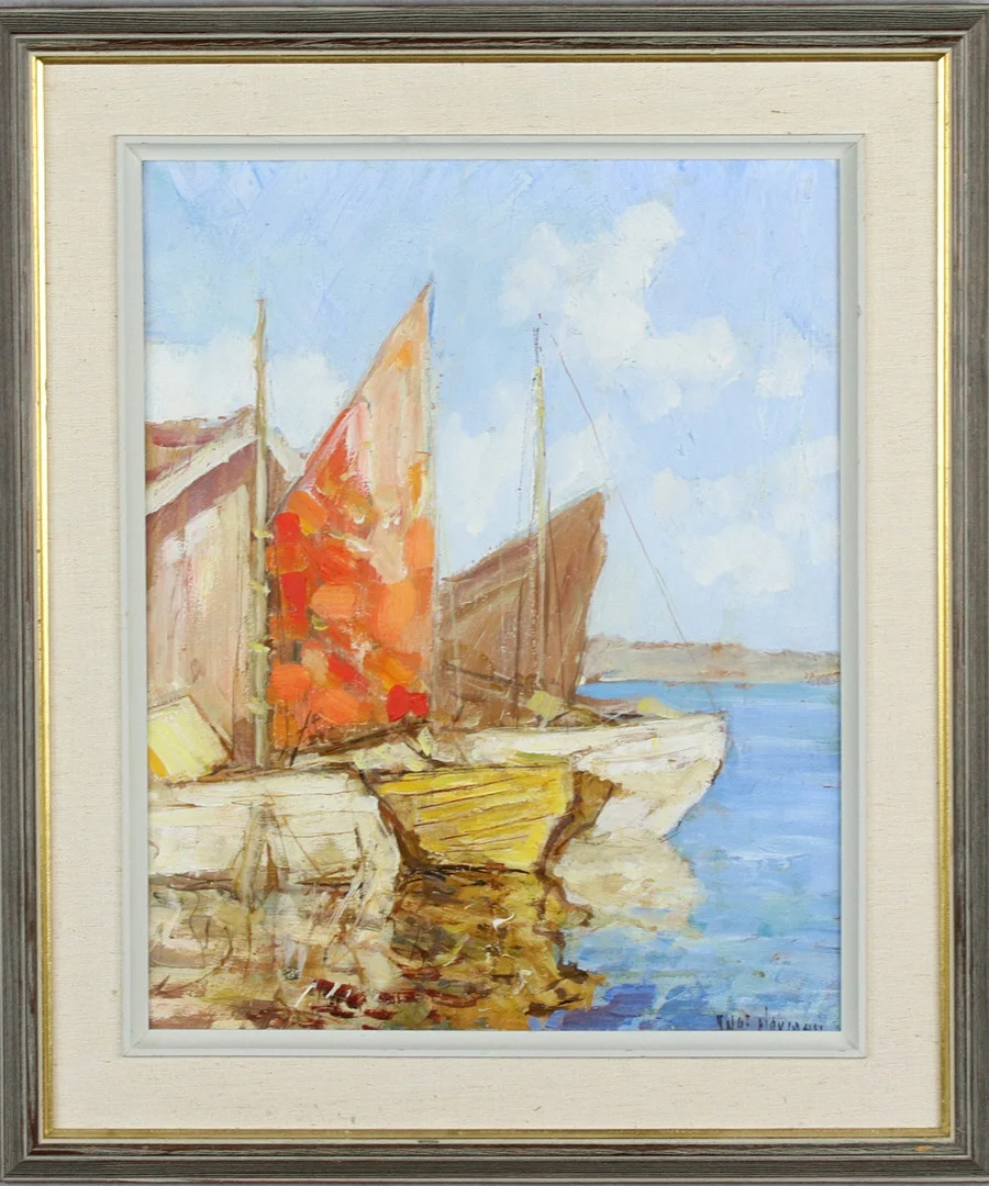 KNUT NORMAN. Olja på pannå, fiskebåtar vid kaj, signerad. — Paintings — Höganäs Auktionsverk