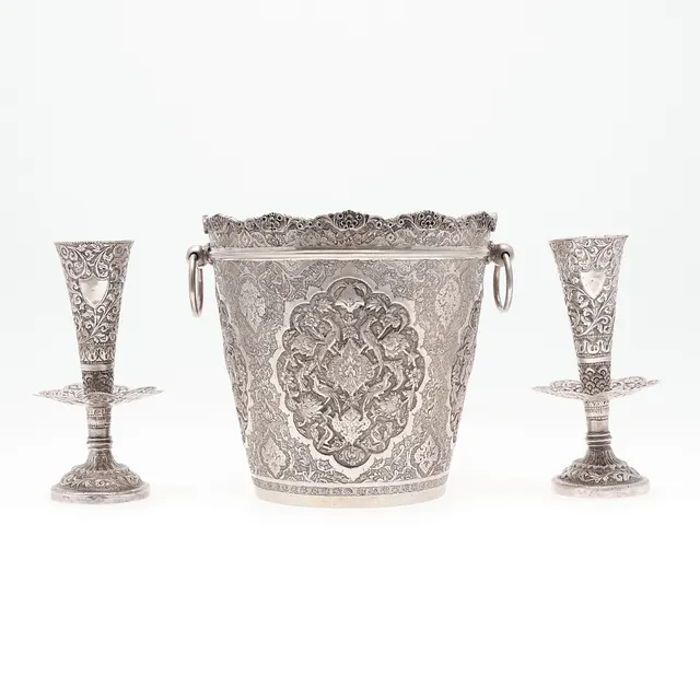 Russian ice bucket and two silver violets vases, probably Slav, first third of the 20th Century.