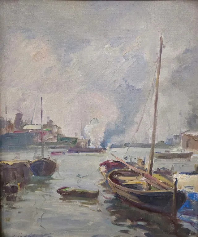 LUIS MARIA GUELL CORTINA. PUERTO DE BARCELONA, ÓLE OSOBRE LIENZO.