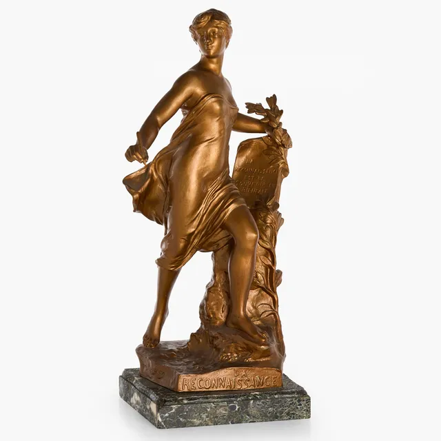EUGENE MARIOTON (1857-1933). EFTER. "La Reconoissance", skulptur i bronserad zink på stensockel.