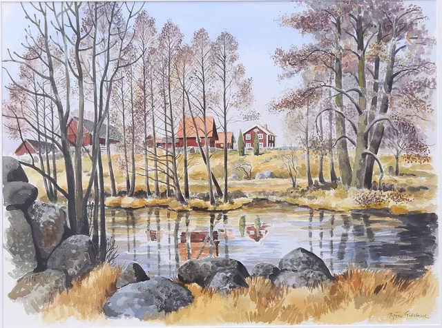 BJÖRN GIDSTAM. Gård vid vatten, akvarell, signerad.
