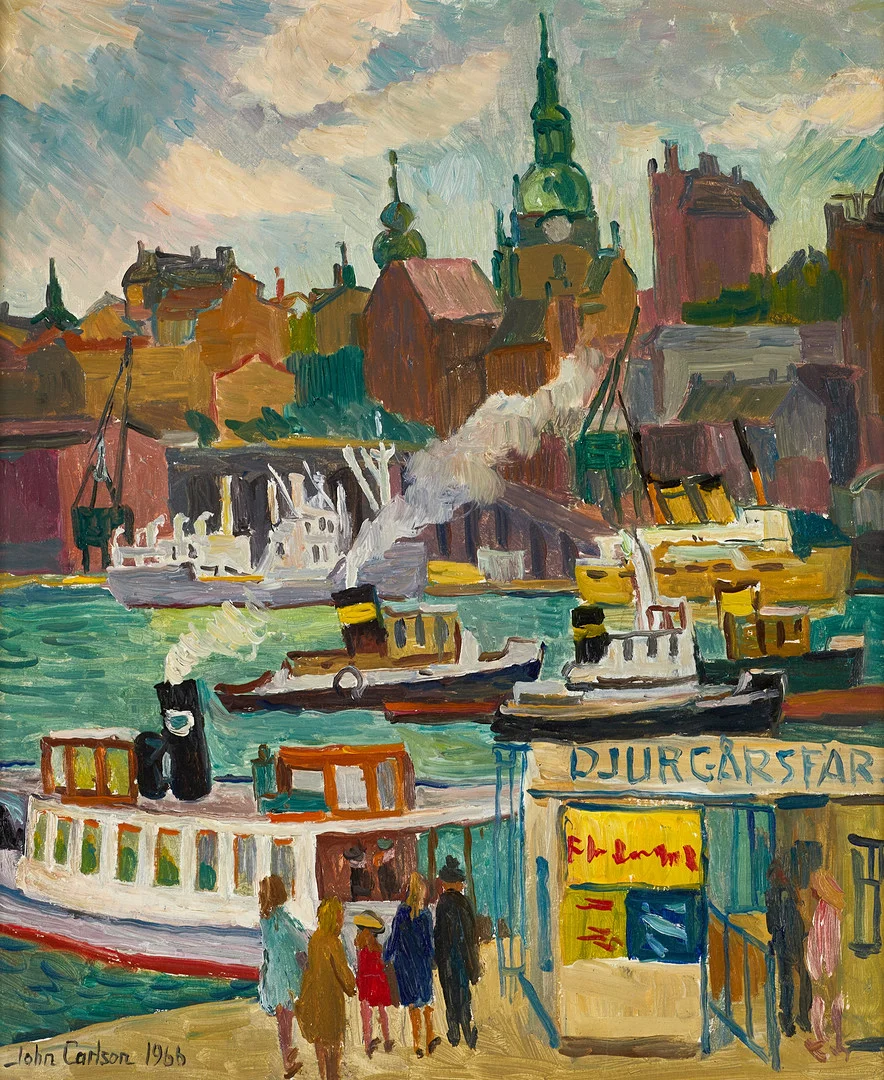 JOHN CARLSON (1896–1979). Djurgårdsfärjan - Stockholm, signerad och daterad 1966, olja på pannå. — Paintings — Crafoord Auktioner Stockholm