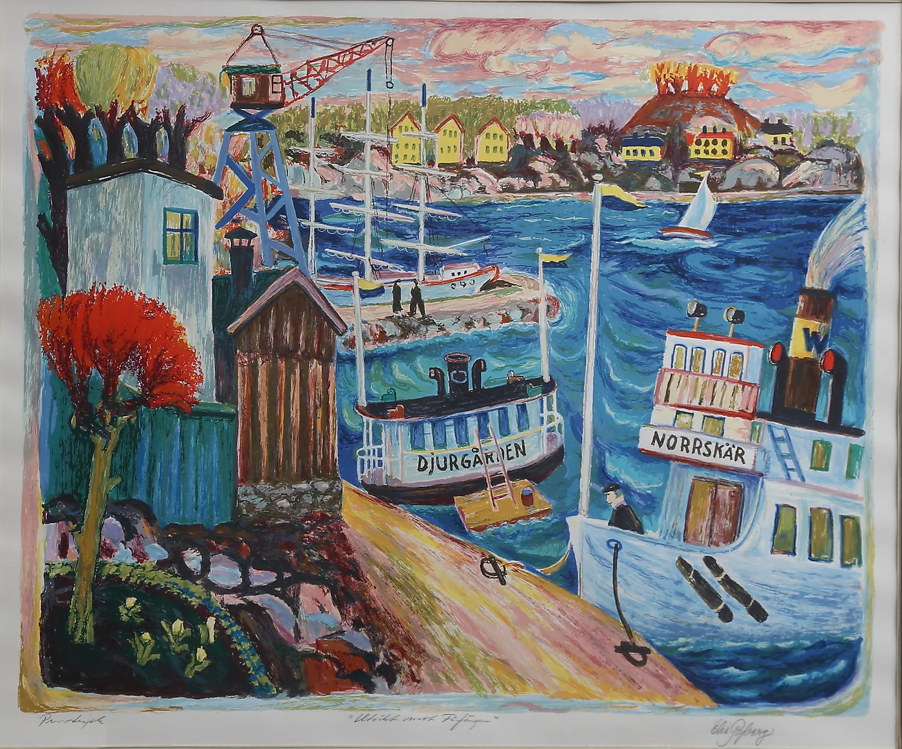 ELIS RYDBERG. "Utsikt mot Fåfängan". Färglitografi. Provtryck. Signerad. — Engravings & Prints — Gomér & Andersson Linköping