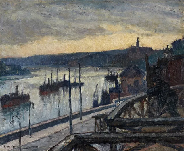 ÅKE NOTHBERG (SVERIGE, 1891–1973). Stockholmsmotiv - vy mot vattnet, signerad och daterad -14, olja på duk. Dukens baksida med porträttskiss, anteckningar samt påskrift "Gustaf Oscar Björck".