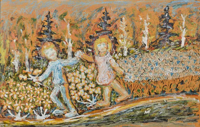 HANS ÅNGSÄTER. Dansande barn, olja på pannå, signerad.