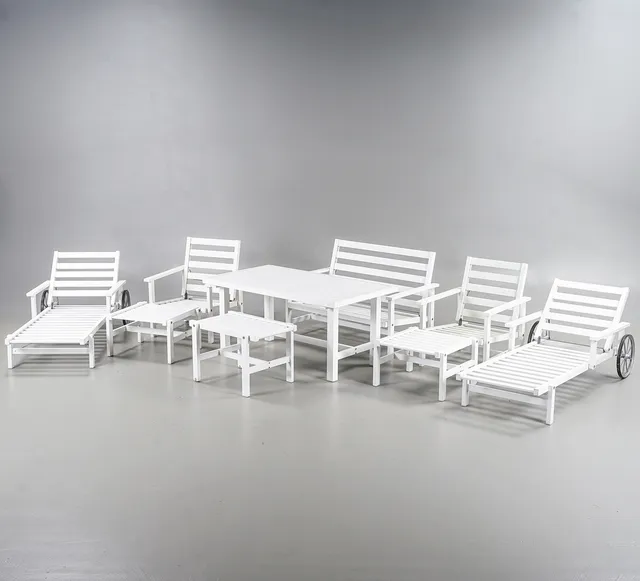 ELSA STACKELBERG. Trädgårdsmöblemang, 9 delar, Fri Form, vitlackerad aluminium.
