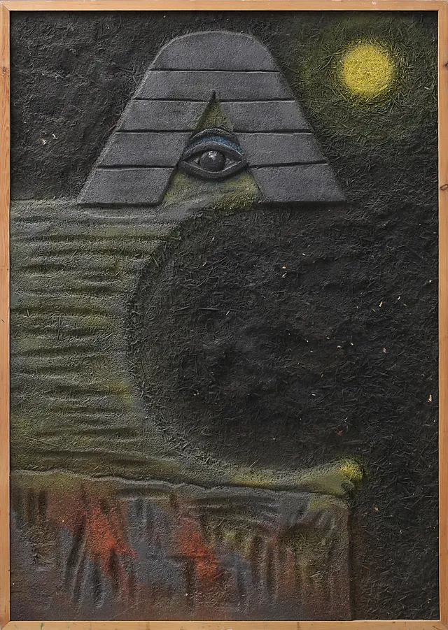 ALF STRIDFELDT. "Egypten" bemålad och skuren pannå, 1967.