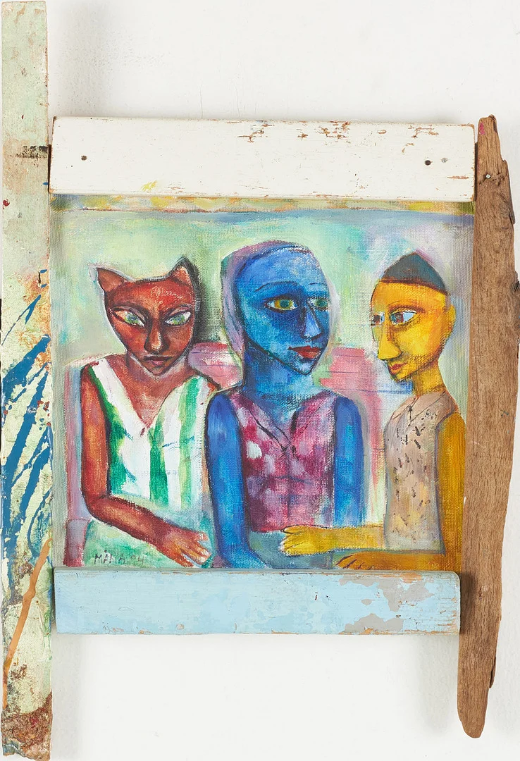 MÅNA LAGERHOLM (1946–2001). "Samråd", Figurkomposition, olja på pannå, signerad och daterad -94. — Paintings — Stockholms Auktionsverk Sickla