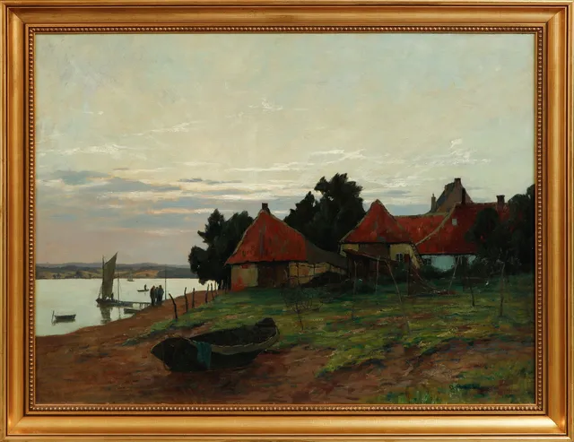 OIDENTIFERAD KONSTNÄR. Gård vid sjö, olja på duk, signerad.
