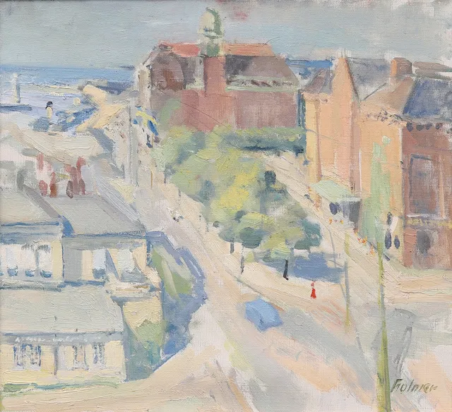 FRITZ HOLMER. Utsikt mot Skeppsbron, Malmö, olja på duk, signerad.