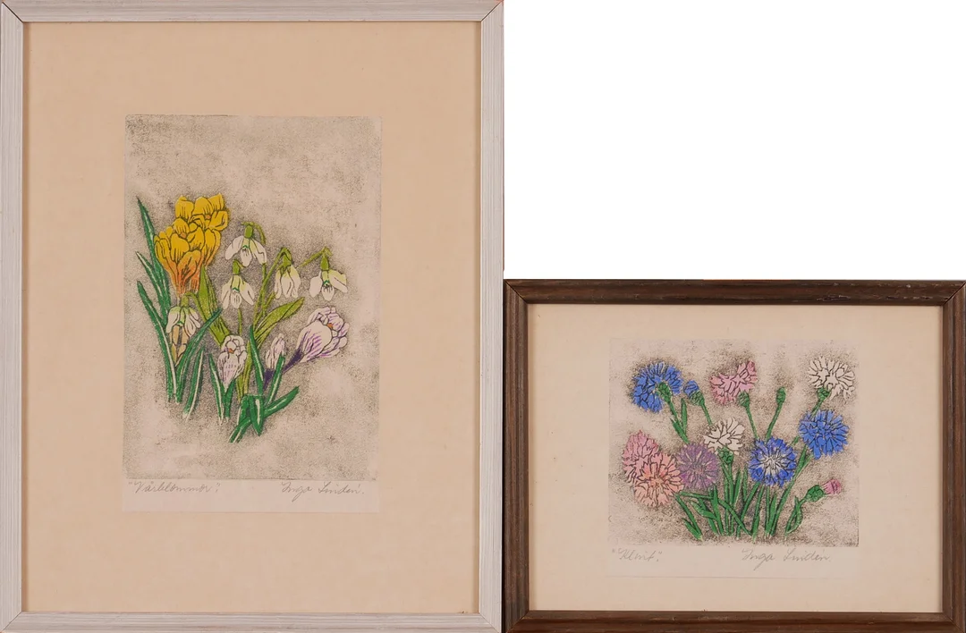 INGA LINDÉN. "Klint" och "Vårblommor", handtryck, signerade. — Engravings & Prints — Auktionsfirma Kenneth Svensson i Kalmar