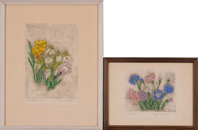 INGA LINDÉN. "Klint" och "Vårblommor", handtryck, signerade.