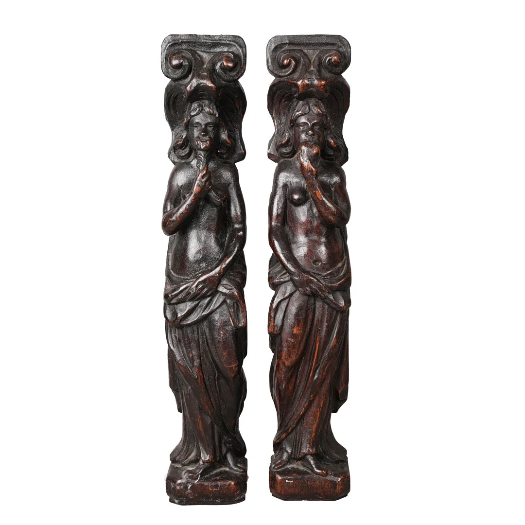 A PAIR OF 17TH CENTURY STYLE OAK FIGURAL TERMS (2). — Architectural details — Bishop & Miller