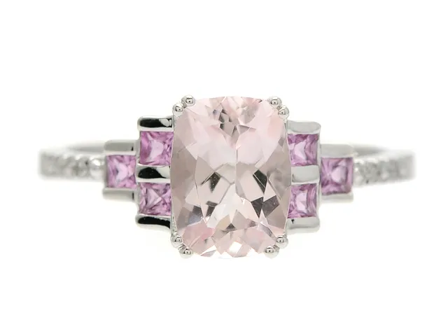 RING, 14K vitguld, kunzit, rosa safirer, 6 åttkantslipade diamanter ca 0,04 ctv, ca Cr/P, stl 16,75 mm, vikt 2,2 g.