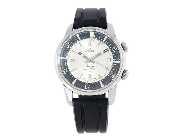 ENICAR, Sherpa, Super-DIVE 33 (Swiss Made T<25 mc), "Compressor Case", Cal A-R 1145, Serie nr. 677237, Boett nr. 145/006 / 2342 / 10-64, herrur, 40 mm, stål, automatisk, plexiglas (skadat), datum, vridbar innerring, gummiband, ca 1964.