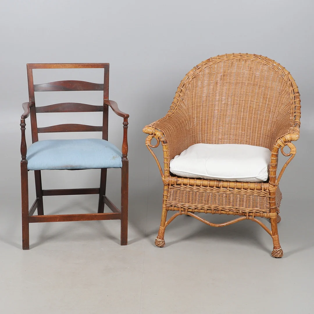 A WICKER FRAMED ELBOW CHAIR AND A MAHOGANY ELBOW CHAIR. — Armchairs & Chairs — Lawrences Auctioneers