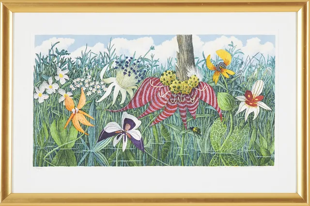 KARL AXEL PEHRSON. Komposition med exotiska blommor och djur, färglitografi, signerad, numrerad 514/600, daterad 91 .