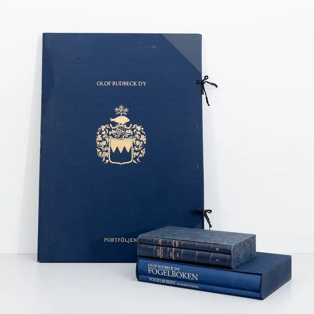 OLOF RUDBECK D.Y. Faksimilutgåvor, portfölj med planscher samt 2 st volymer "Fogelboken" + 2 st volymer "Iter Lapponicum 1695".