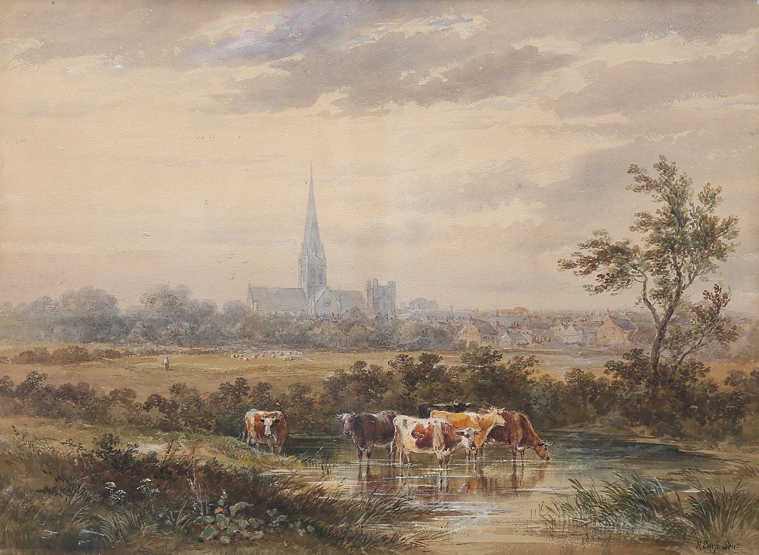 WILLIAM HENRY EARP. Landskap med kor och får, akvarell, signerad. — Paintings — Växjö Auktionskammare