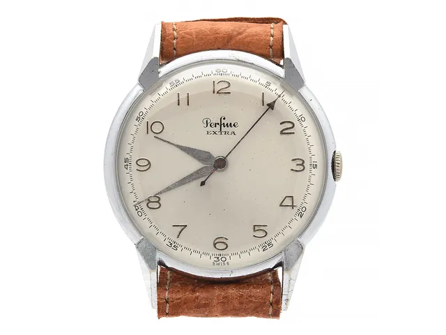PERFINE, Extra, Boett nr. 4350 SF, herrur, 38 mm, stål, manuell, plexiglas, skadad urtavla, fasta bandstift, läderband, ca 1950.