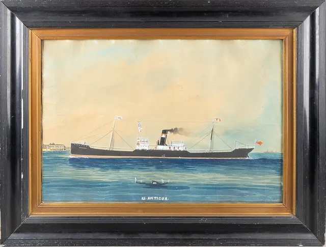 FARTYGSMÅLNING, "SS Antigua", gouache, signerad och daterad 1909.