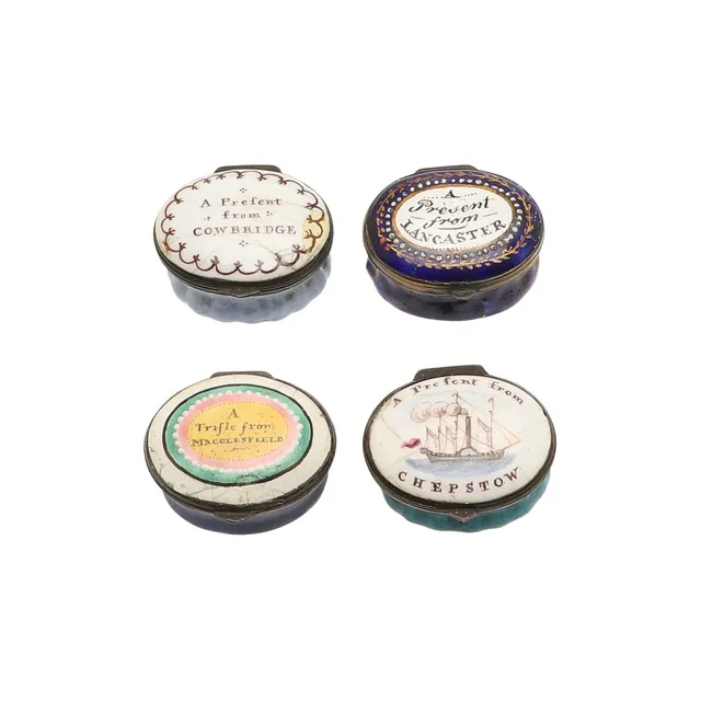 FOUR BILSTON ENAMEL PATCH BOXES.