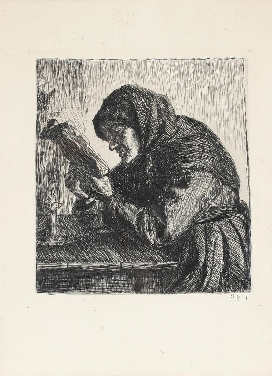 “Læsende gammle Kone”. Reading old woman. Opus 1. Signed and dated in print A. A. 96. Etching. 19×14 cm. — Prints & Drawings — Bruun Rasmussen