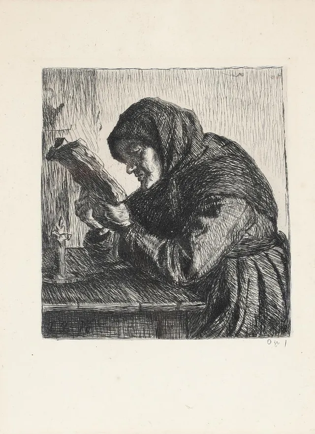 “Læsende gammle Kone”. Reading old woman. Opus 1. Signed and dated in print A. A. 96. Etching. 19×14 cm.