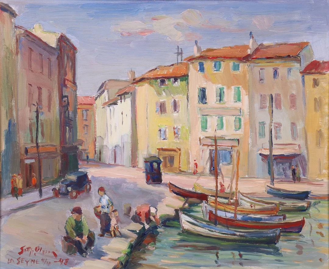 GOTTFRID OLSSON (1890-1979). olja på pannå, båtar vid kanal. — Paintings — Markus Auktioner