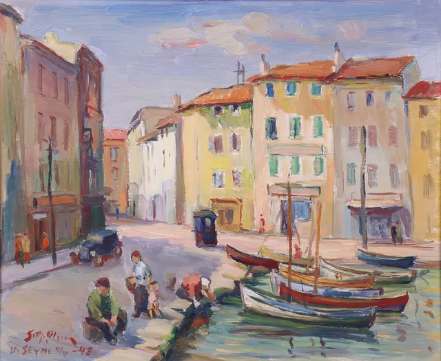 GOTTFRID OLSSON (1890-1979). olja på pannå, båtar vid kanal.