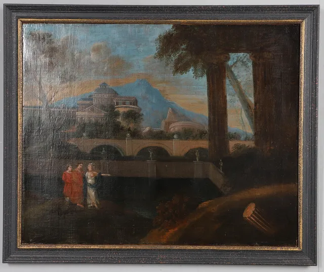 FOLLOWER OF GASPARD DUGHET (B. 1615). ITALIANATE LANDSCAPE WITH FIGURES AMONGST CLASSICAL RUINS, A VILLA AND MOUNTAINS BEYOND (18th Century).