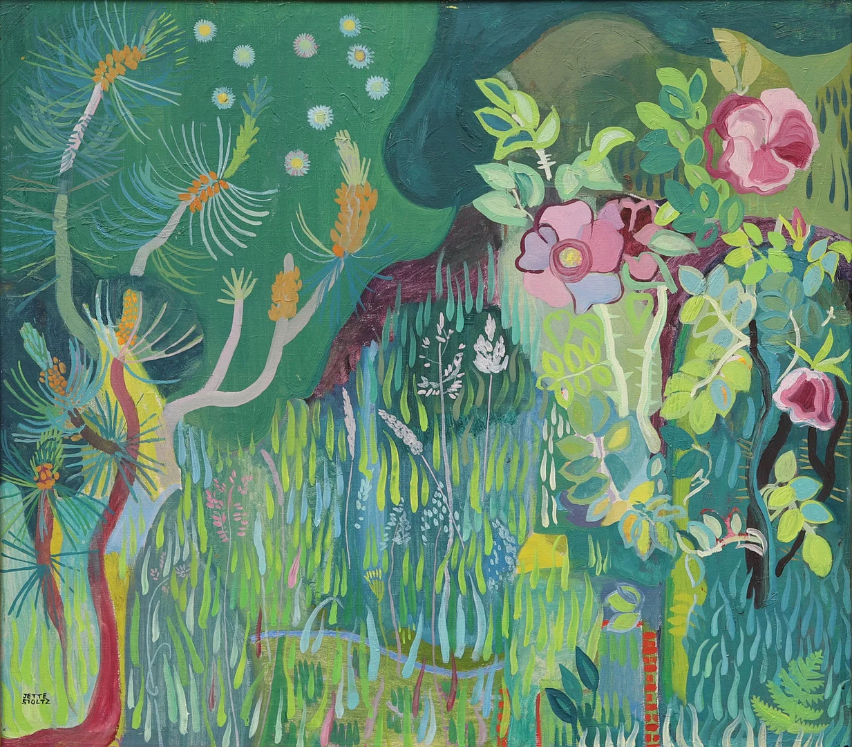 JETTE STOLTZ. Komposition med växter och blommor, olja på duk, signerad. — Paintings — Crafoord Auktioner Malmö