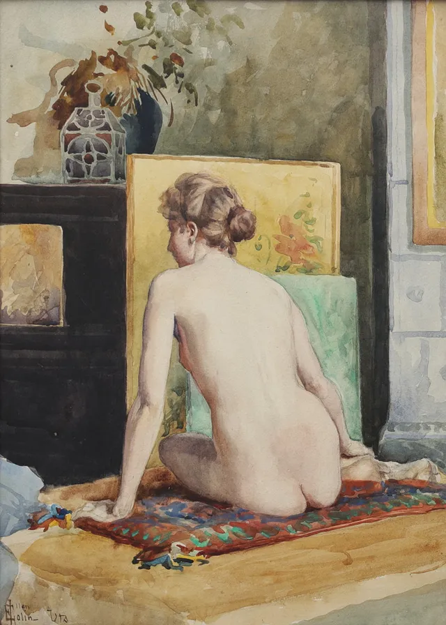 ELLEN JOLIN. Nakenstudie, akvarell, signerad.