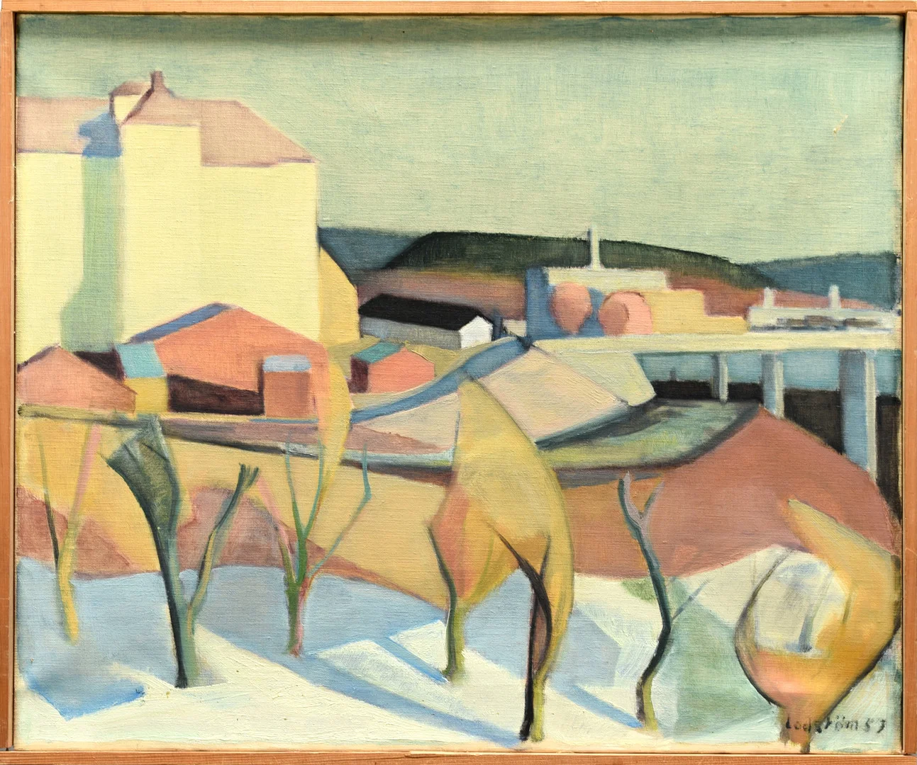 GEORG LODSTRÖM. Olja på duk, signerad, daterad 1953 "Småstadsvy". — Paintings — Norrlands Auktionsverk