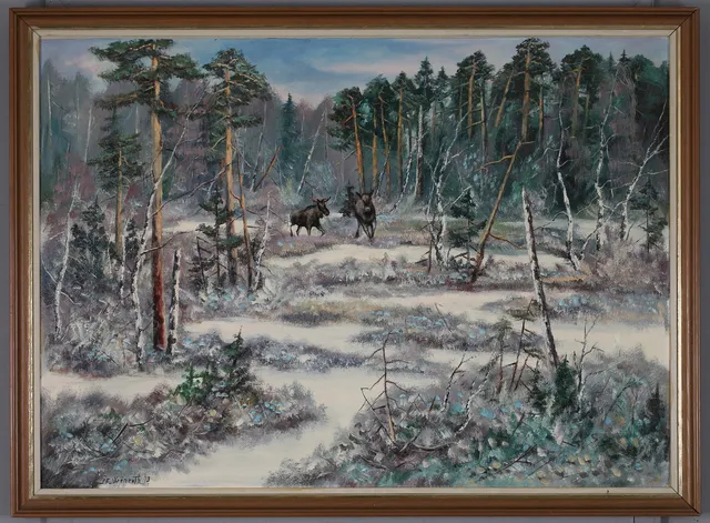 FINGAL WINROTH. Älgar på myr, olja på pannå, signerad.