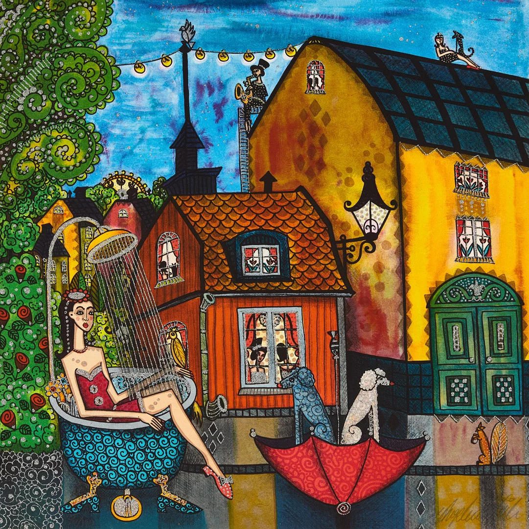 ANGELICA WIIK (född 1960), "Lilla huset på Söder" - ur Stockholmsdrömmar, signerad, 56/190, färgitografi med glitter. — Engravings & Prints — Crafoord Auktioner Stockholm
