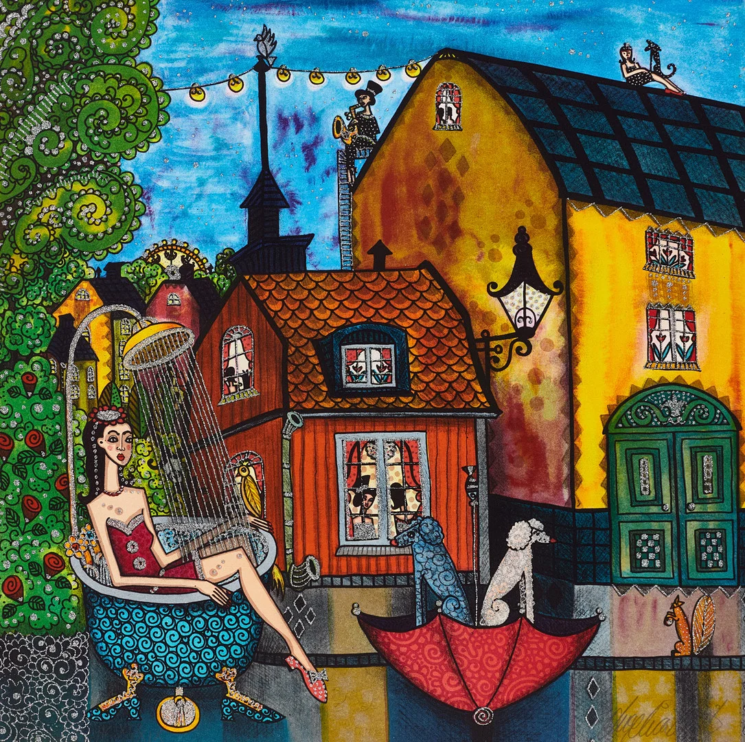 ANGELICA WIIK (född 1960), Lilla huset på söder, ur Stockholmsdrömmar, signerad, hc, färglitografi med glitter. — Engravings & Prints — Crafoord Auktioner Stockholm