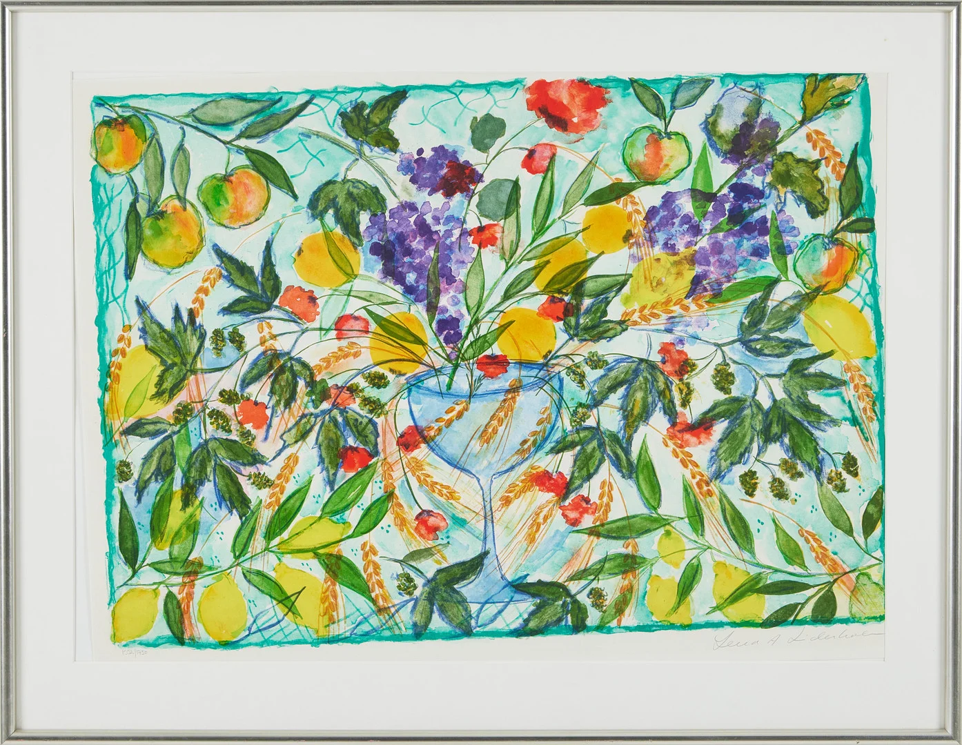 LENA LINDERHOLM. Stilleben blommor och frukter, färglitografi, signerad Lena A Linderholm. — Engravings & Prints — Stockholms Auktionsverk Magasin 5