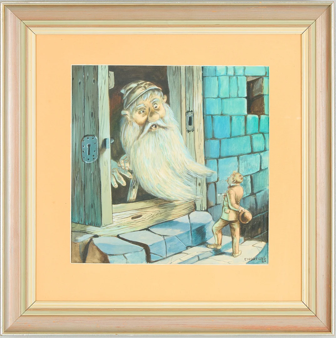 EINAR NORELIUS. "Finns det någon plats ledig som rövare?", sagoillustration Bland Tomtar och Troll, 1950. — Paintings — Uppsala Auktionskammare