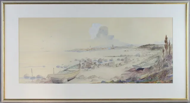 BROR TELLSTRÖM. Akvarell, "Här ligger min båt", vy över Viken, signerad, 1970.