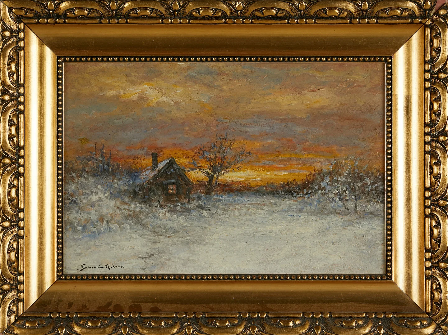 SEVERIN NILSSON. Vinterlandskap med stuga, olja på duk lagd på pannå, signerad. — Paintings — Stockholms Auktionsverk Sickla