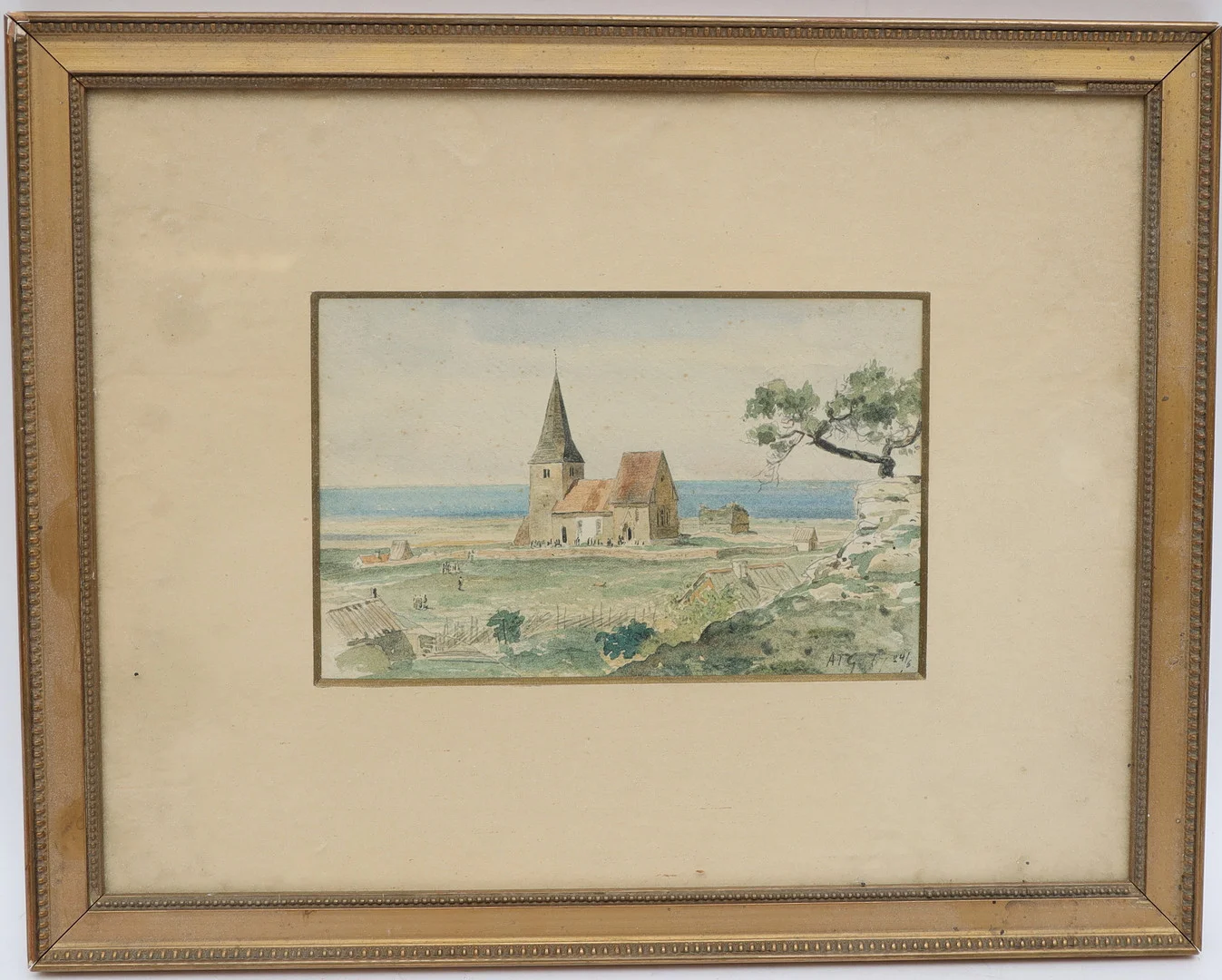 ALBERT THEODOR GELLERSTEDT. Landskap med kyrka och figurer, akvarell, monogramsignerad ATG, daterad (18) 67. — Paintings — Falun Auktionsbyrå