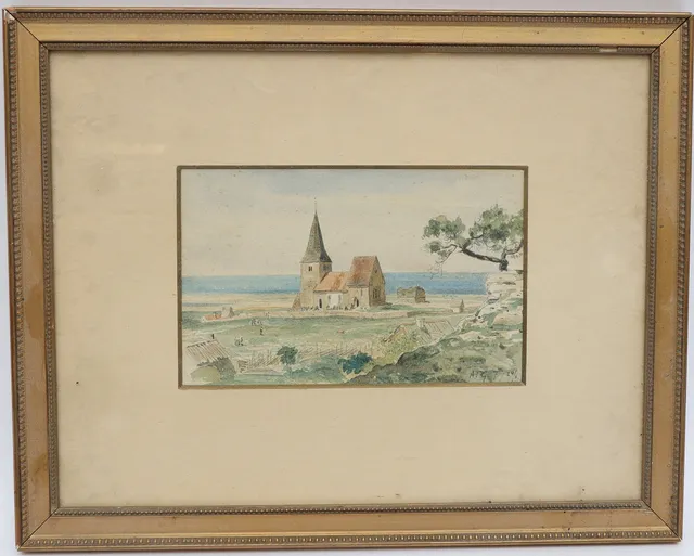 ALBERT THEODOR GELLERSTEDT. Landskap med kyrka och figurer, akvarell, monogramsignerad ATG, daterad (18) 67.