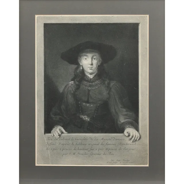 REMBRANDT VAN RIJN. EFTER. Johan Martin Preisler (1715-1794) & Valentin Daniel Preisler (1717–1765). "Pigen med hatten / Den jødiske brud", kobberstik, 1749.