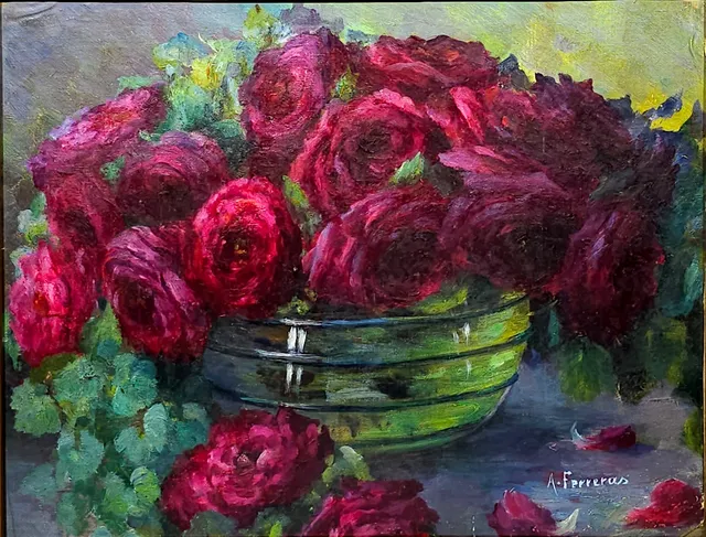 ANTONIA FERRERAS BERTRAND (1873-1953). BODEGÓN DE ROSAS. ÓLEO SOBRE CARTÓN.