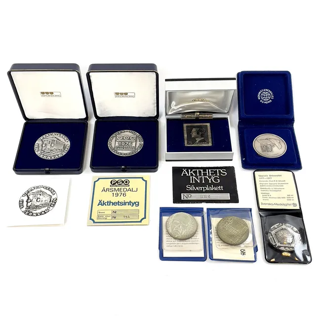 MINNESMYNT/MEDALJER, 7 st, silver/finsilver/sterling, i etuier.